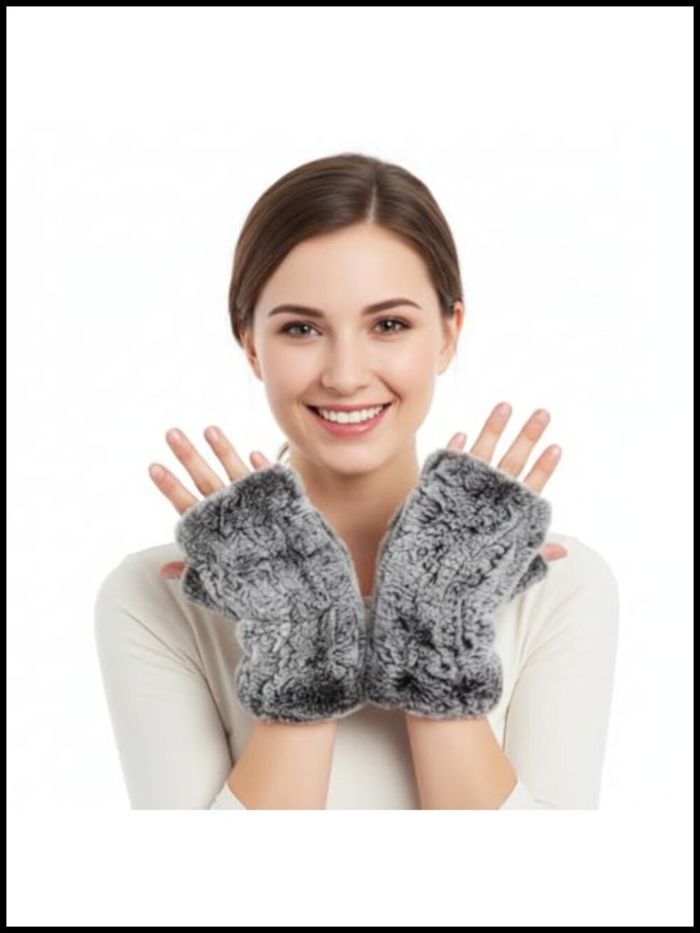 Faux Rabbit Fur Fingerless Gloves Knit Winter Warm Women Thumb Hole